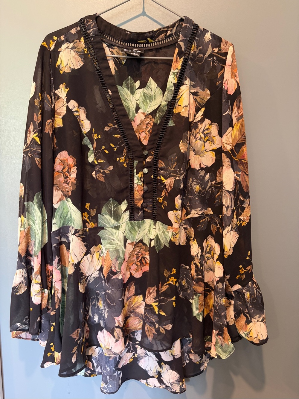 City Chic Black Floral V-Neck Tunic with Pink, Peach & Green Accents
